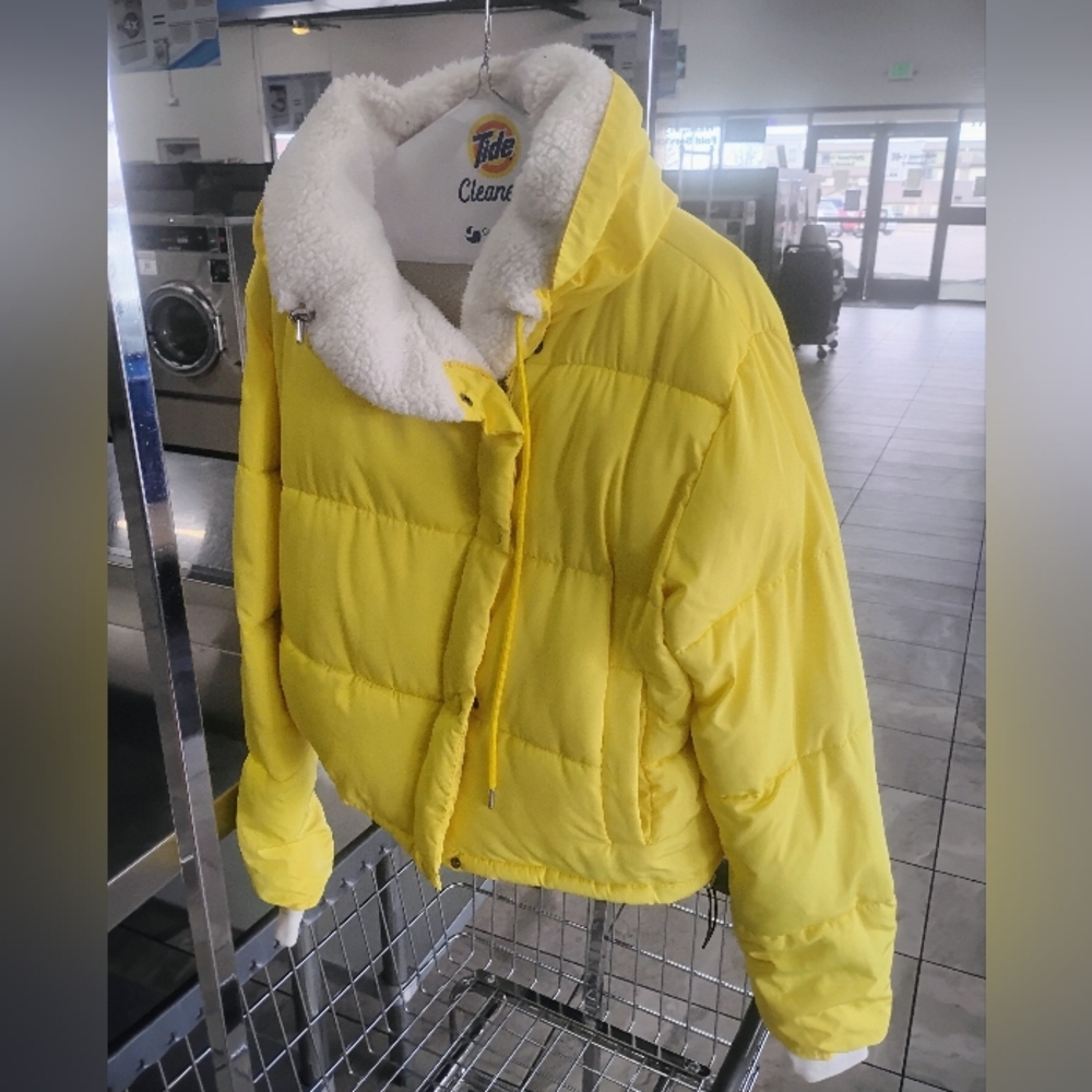 BDG Bright Yellow Puffer Jacket with Soft White Interior